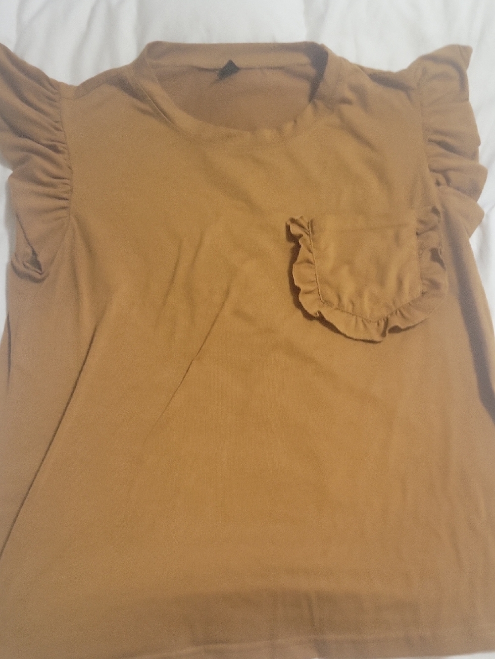 SHEIN Ruffle Sleeve Pocket Tee in Mustard Brown